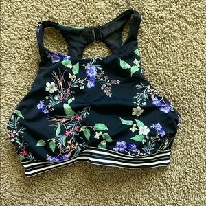 Floral High Neck Open Back Striped Hem Athleta Gold Coast Bikini Top